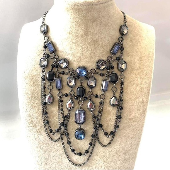 White House Black Market Jewelry - White House Black Market Blue and Silver Multi Strand Crystal Bib Necklace